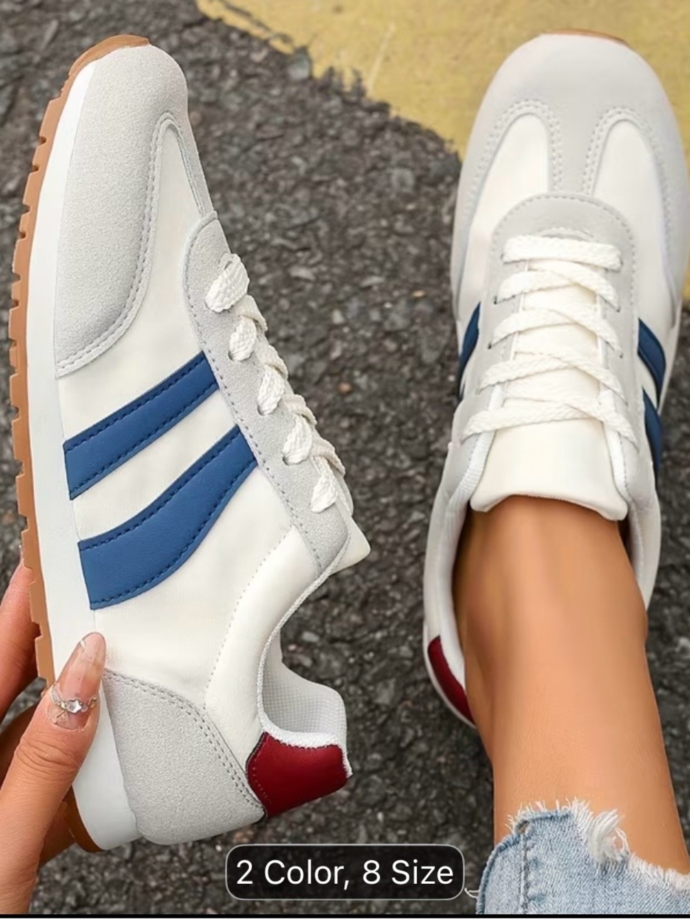 White Sneakers with Blue Stripes and Red Heel Accent
